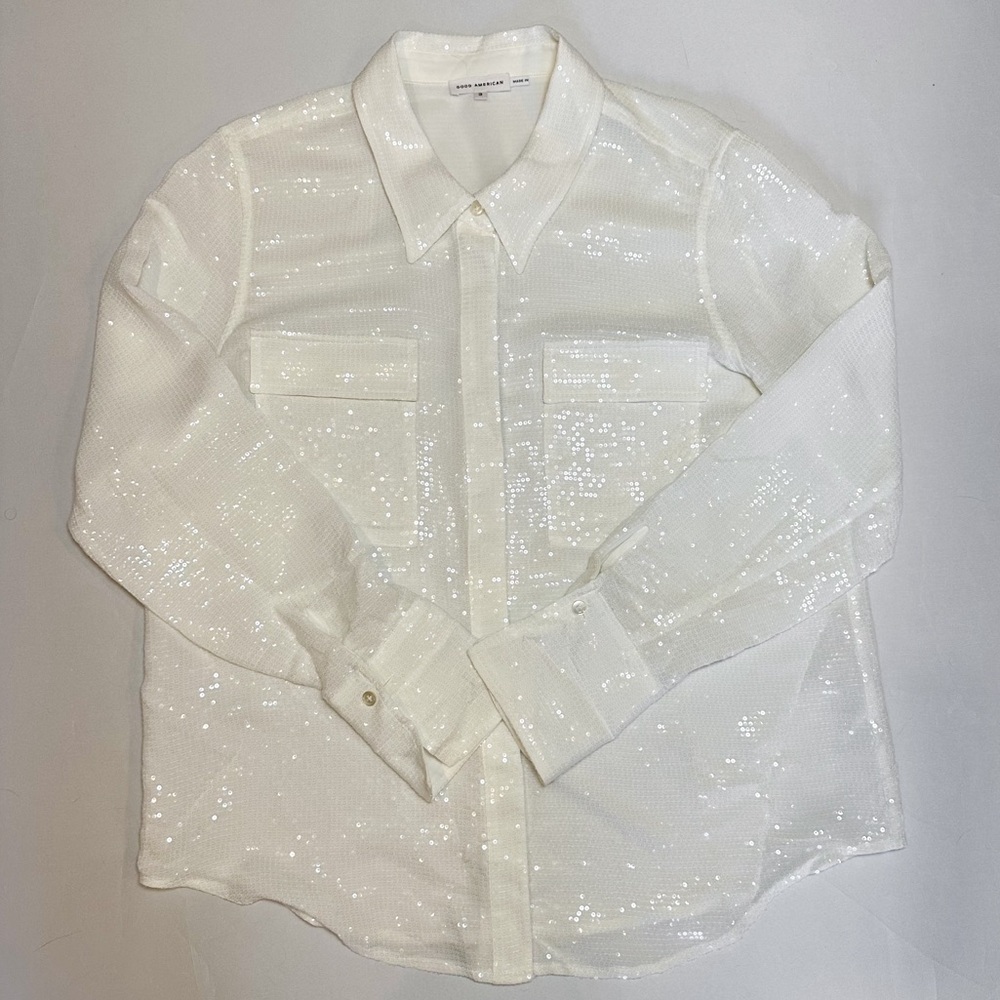 Good American Sheer Sequin Button Up Shirt in White